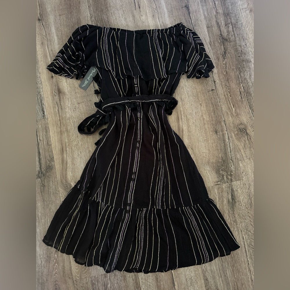 Michael Stars black Beach Stripe cotton blend off-shoulder sun dress NWT